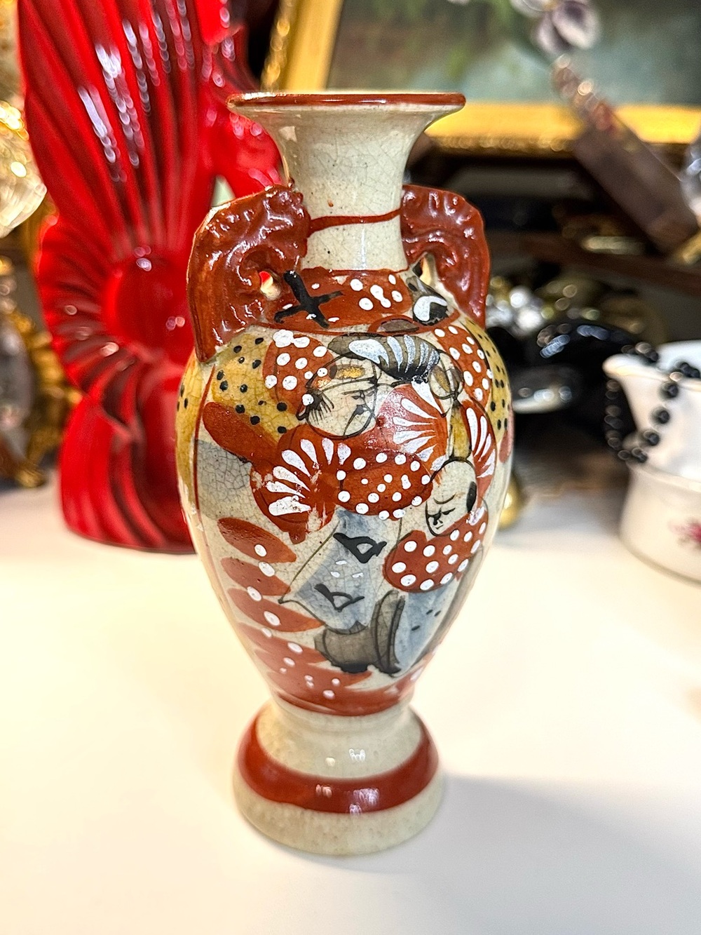 Antique Japanese Satsuma Moriage Earthenware Vase (Meiji Period, 1890-1920)